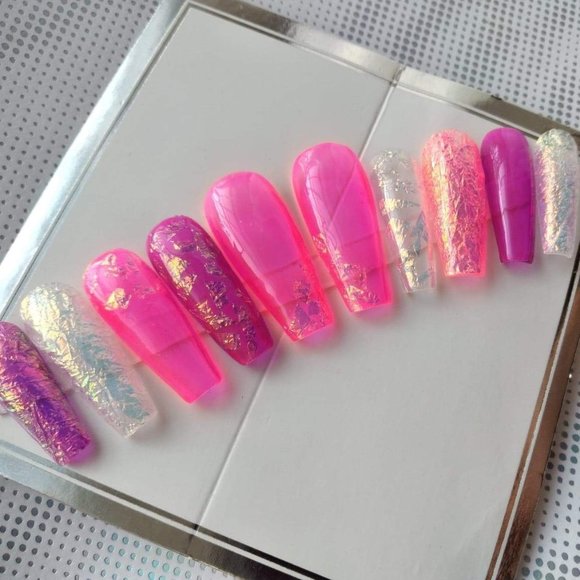 COPY - Pink/Purple Jelly n Iridescence foil press on nail - Picture 1 of 8